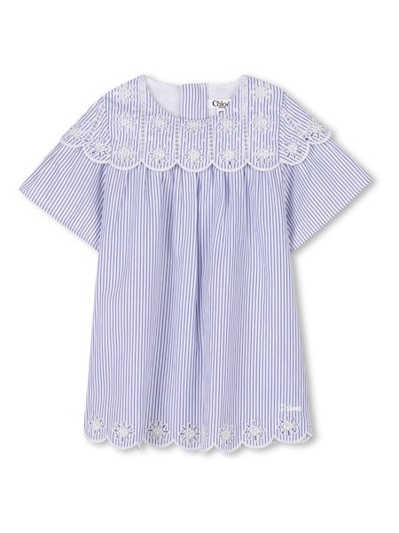 Chloé Baby Blue Pinstripe Dress With Scalloping and Broderie Detail (AY9319) | AED1,252