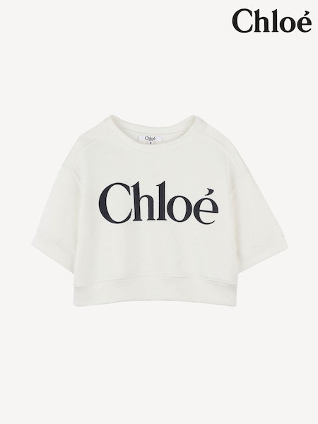 Chloé Cropped Short Sleeve Logo White Sweatshirt (AY9321) | ‏728 د.إ.‏