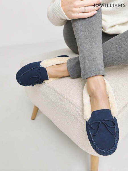 JD Williams Blue Wide Fit Classic Suede Moccasin Slippers (AY9369) | €37