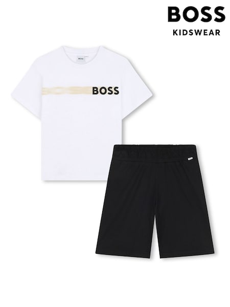 BOSS White Logo Short Sleeve T-Shirt & Short Loungewear Set (AY9412) | 4,146 UAH