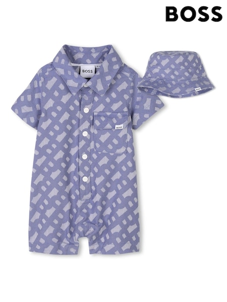 BOSS Blue Baby All-Over Logo Romper & Hat Set (AY9418) | R$ 1,075
