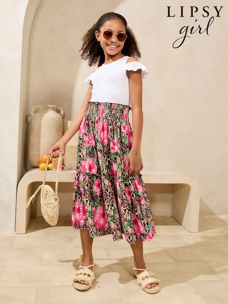 Lipsy White Leopard Print Cold Shoulder Jersey 2-in-1 Holiday Shop Dress (5-16yrs) (AY9422) | $94 - $118