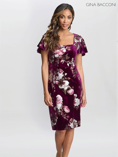 Gina Bacconi Paulina Square Neck Foil Printed Velvet Dress (AY9475) | R$ 2,170