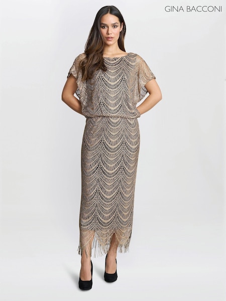 Gina Bacconi Arleen Long Blouson Fringe Hem Dress (AY9478) | 1,287 QAR