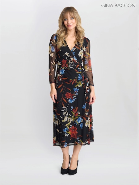 Gina Bacconi Tasmine Floral Mesh Wrap Black Dress (AY9482) | ‏757 د.إ.‏