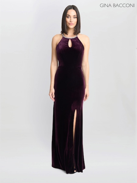 Gina Bacconi Purple Deedee Velvet Halter Keyhole Maxi Dress (AY9485) | €345