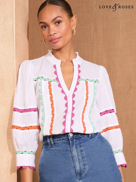 Love & Roses Ric Rac 3/4 Sleeve 100% Cotton Blouse (AY9508) | 290 LEI