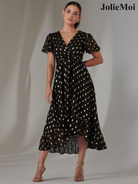 Jolie Moi Black Petite Metallic Effect Angel Sleeve Maxi Dress (AY9560) | ₪382