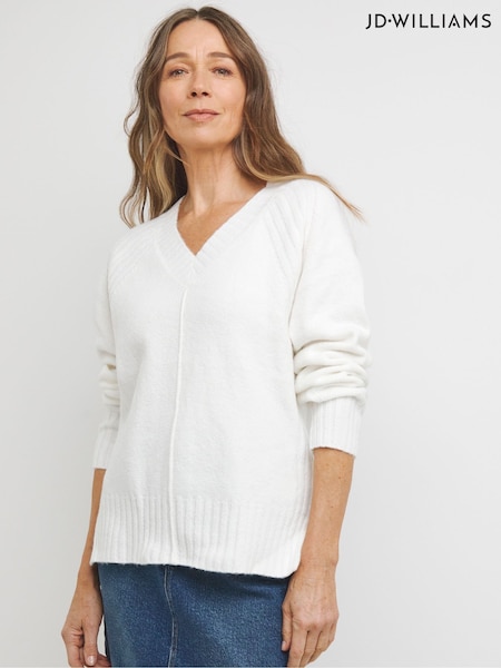 JD Williams White Ribbed Detail V-Neck Jumper (AY9564) | €40