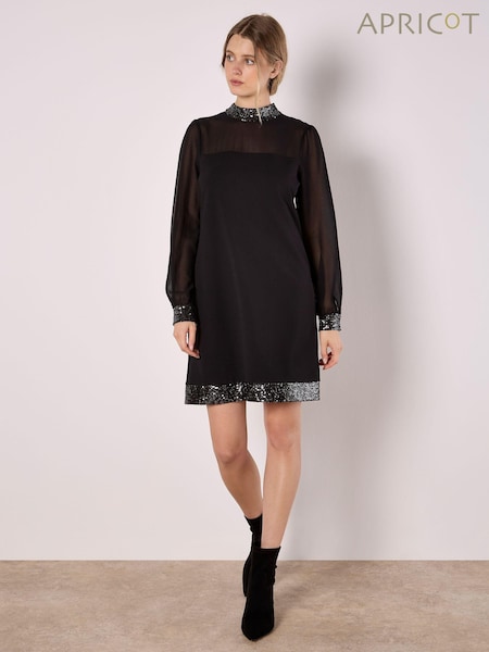 Apricot Black Sequin High Neck Trim Long Sleeve Dress (AY9586) | €58