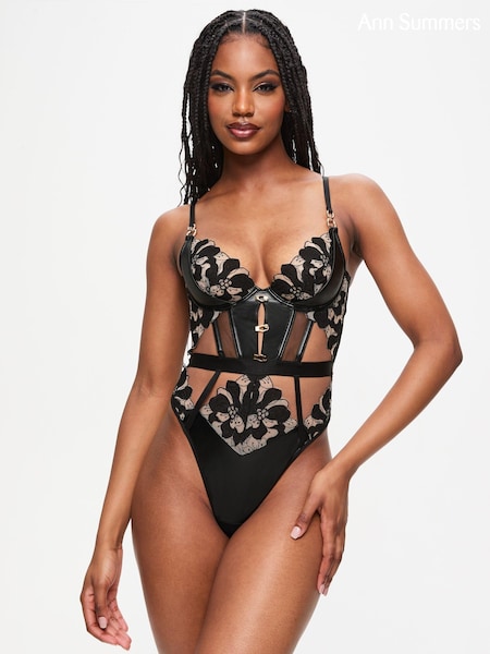 Ann Summers Dark Side Floral Embroidered And Faux Leather Crotchless Body (AY9597) | €50