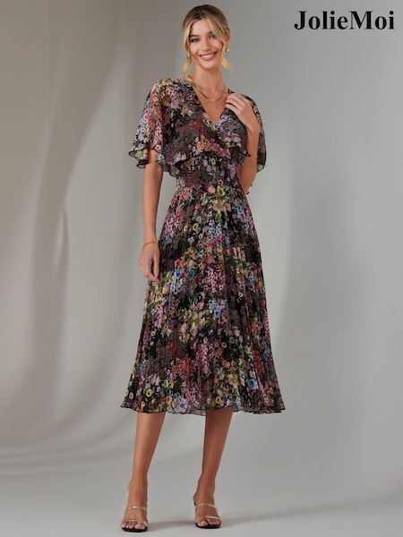 Jolie Moi Black Floral Print Chiffon Pleated Dress (AY9655) | €95