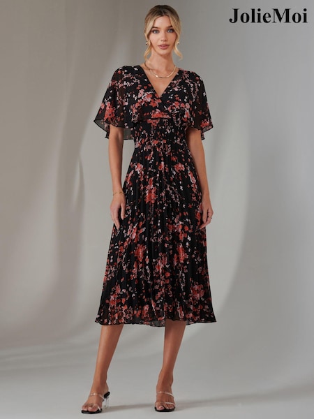 Jolie Moi Rich Black Floral Print Chiffon Pleated Dress (AY9656) | € 117