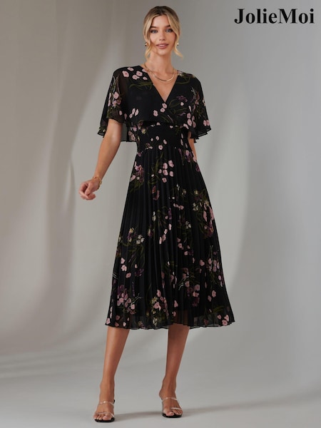 Jolie Moi Charcoal Black Floral Print Chiffon Pleated Dress (AY9657) | € 117