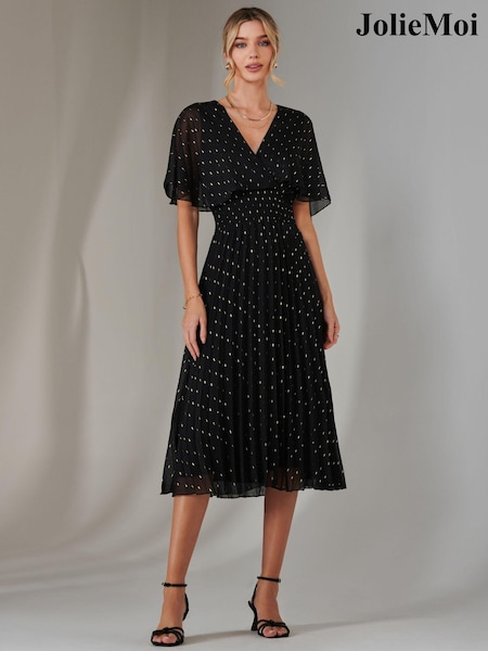 Jolie Moi Black Metallic Spot Chiffon Pleated Dress (AY9658) | ₪377