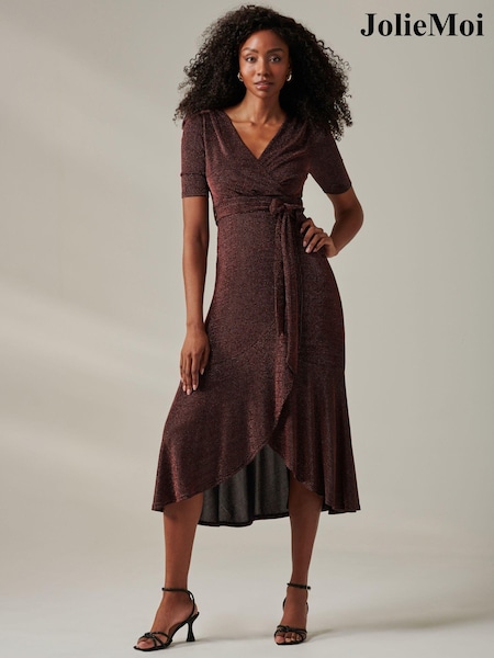 Jolie Moi Red Metallic Tie Waist Wrapped Maxi Dress (AY9659) | €105