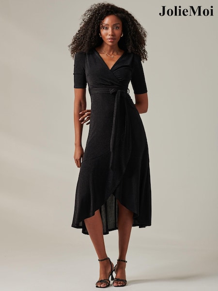 Jolie Moi Black Metallic Tie Waist Wrapped Maxi Dress (AY9665) | 391 QAR