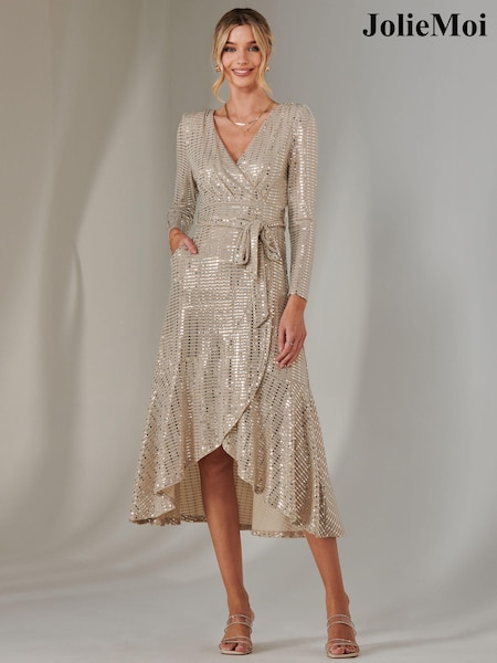 Бежевий - Jolie Moi Long Sleeve Metallic Spot Maxi Dress (AY9666) | 4 506 грн