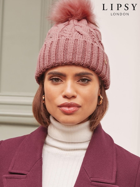 Lipsy Pink Cosy Cable Pom Beanie Hat With Wool (AY9668) | €14