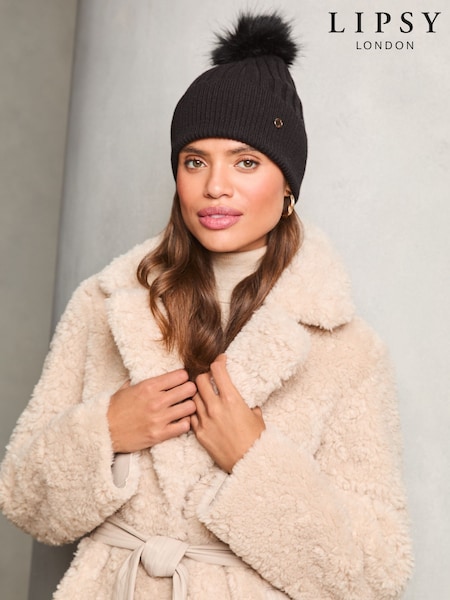 Lipsy Black Cosy Ribbed Pom Pom Beanie Hat With Wool (AY9676) | €17