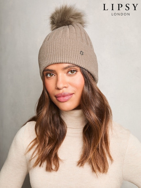 Lipsy Cream Cosy Ribbed Pom Pom Beanie Hat With Wool (AY9678) | €17