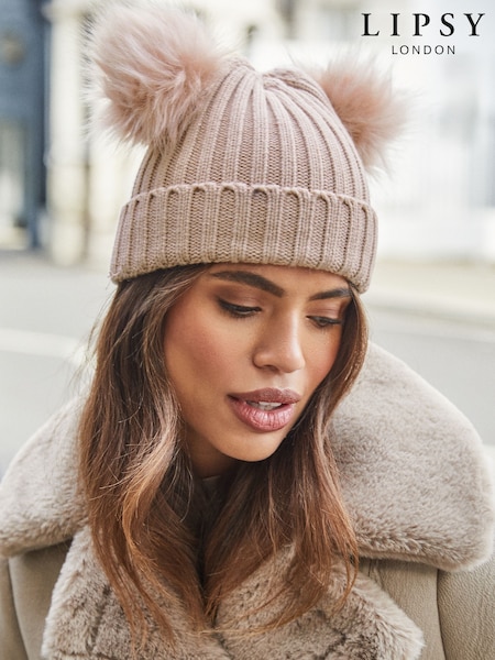Lipsy Pink Cosy Ribbed Double Pom Beanie Hat (AY9688) | €18