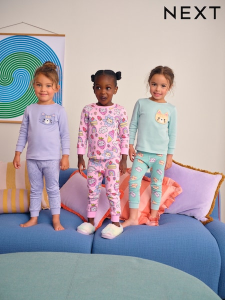 Purple Cat Print Snuggle Pyjamas 3 pack (9mths-10yrs) (AY9890) | AED137 - AED168