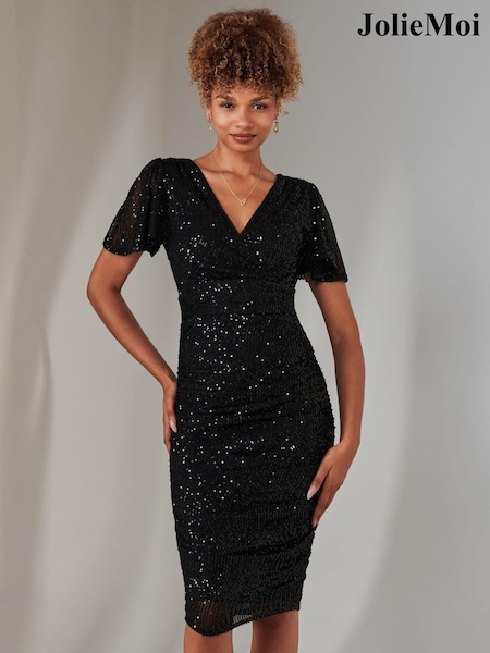 Jolie Moi Black Flare Sleeve Ruched Sequin Dress (AY9971) | ₪397