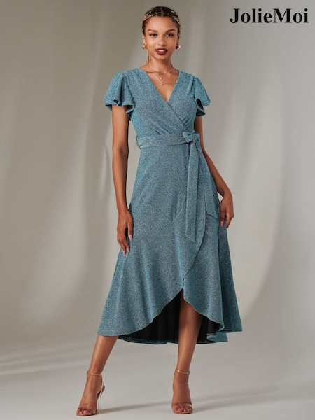 Jolie Moi Dark Blue Marlie Metallic Angel Sleeve Maxi Dress (AY9972) | ₪397