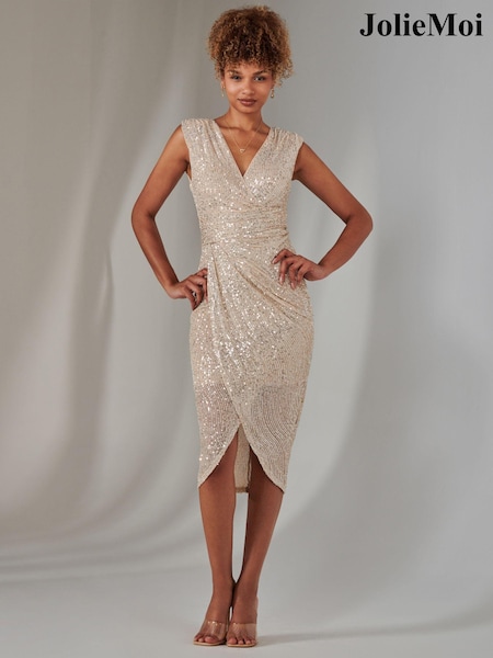 Jolie Moi Natural Aisla Ruched Sequin Bodycon Dress (AY9976) | €113