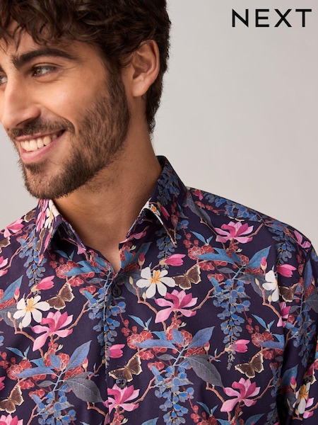 Violet închis - Regular Fit Kew Collection 100% Cotton Floral Long Sleeve Single Cuff Shirt (B00020) | 198 LEI