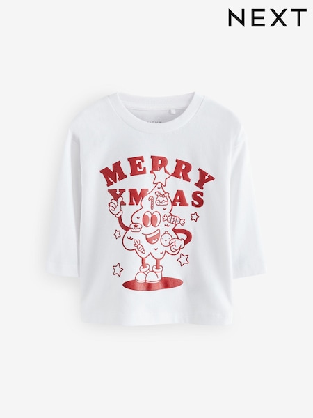 White Long Sleeve Christmas 100% Cotton T-Shirt (3mths-7yrs) (B00086) | AED21 - AED27