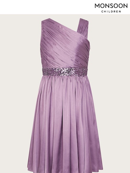 Monsoon Purple Satin Abigail One-Shoulder Dress (B00224) | €30 - €33