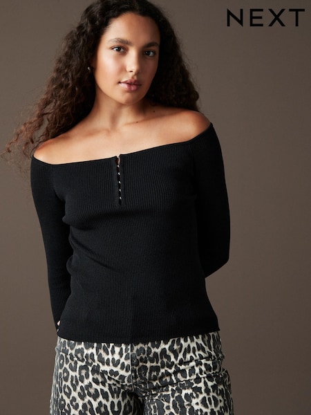 Black Bardot Off The Shoulder Fitted Rib Knitted Jumper Top (B00280) | AED28
