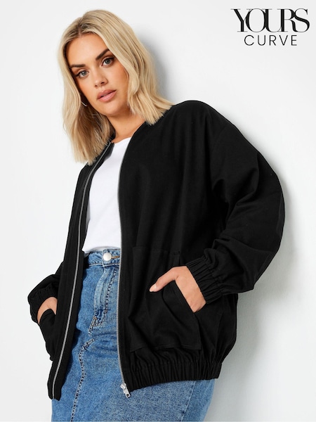Yours Curve Black Twill Casual 100% Cotton Bomber Jacket (B00296) | AED221