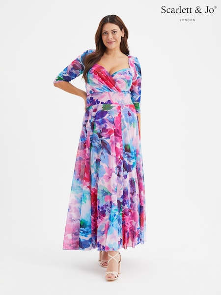 Vaaleanpunainen & Violetti Kukallinen  - Scarlett & Jo Elizabeth Print Mesh Maxi Gown (B00297) | €150