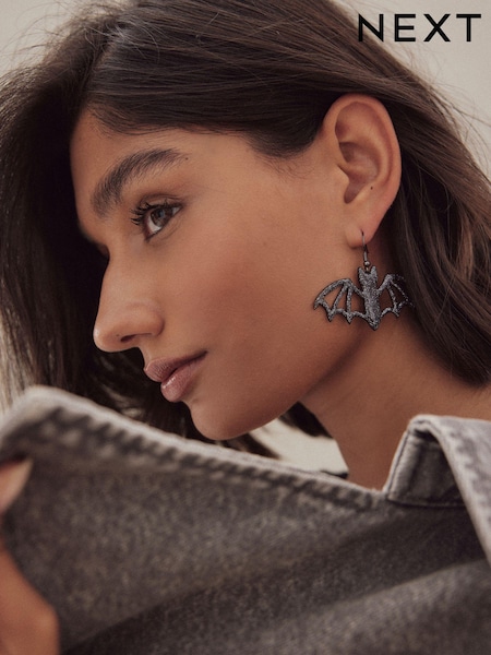 Black Recycled Metal Halloween Bat Drop Earrings (B00487) | €6
