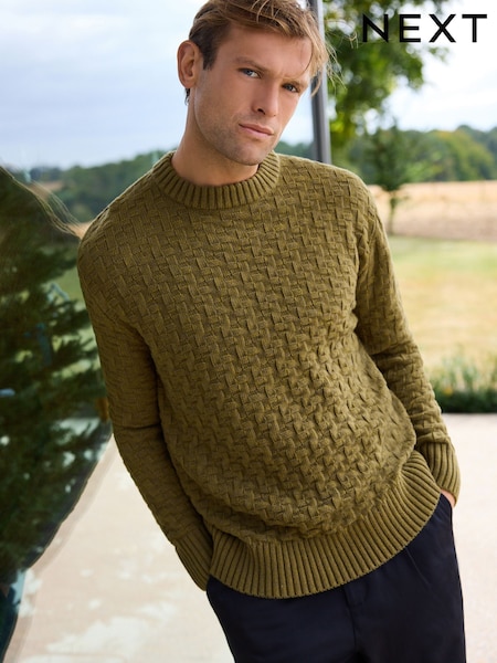 Verde kaki - Regular Fit Textured Crew Jumper with Wool (B00592) | 143 LEI
