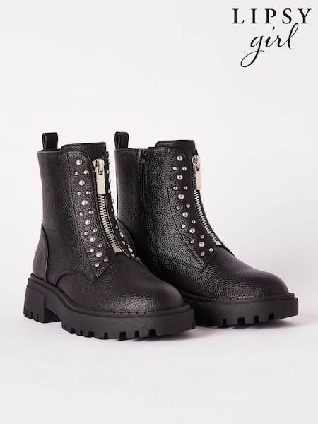 Negru - Botine Lipsy din piele artificială cu fermoar cu împânzire în față (B00633) | 203 LEI - 226 LEI