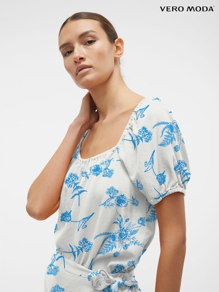 VERO MODA Blue Floral Printed Linen Puff Sleeve Top (B00635) | €16
