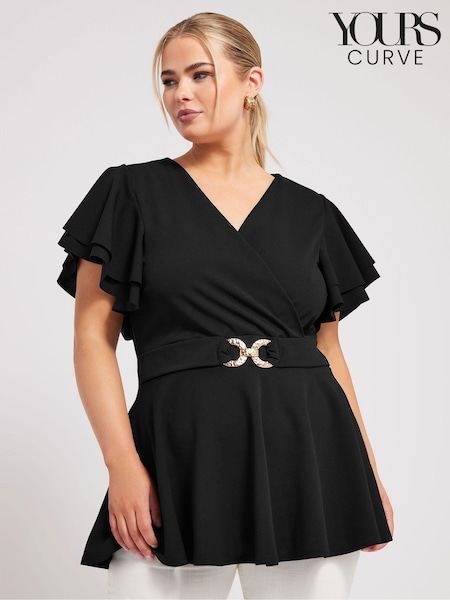 Black - Yours Curve Buckle Angel Sleeve Peplum Top (B00677) | 59 €