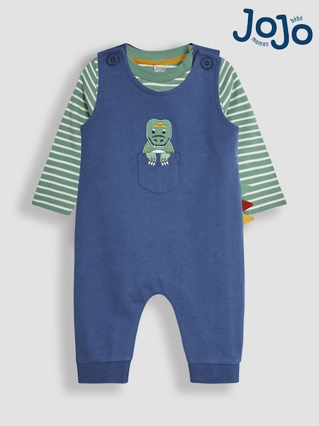 JoJo Maman Bébé Denim Blue TRex Appliqué Pocket Dungarees and Top Set (B00687) | €43