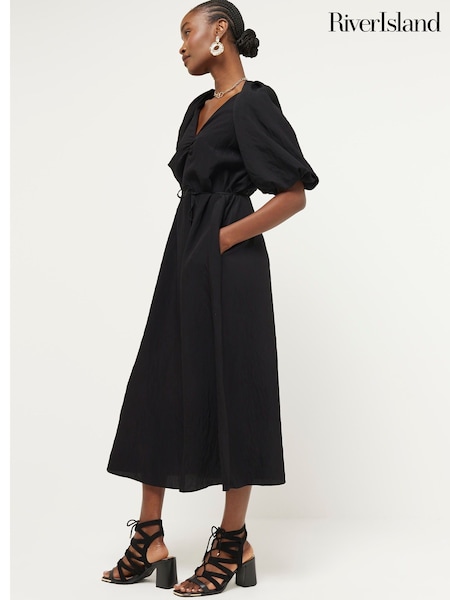 River Island Black Puff Sleeve Belted Dress (B00741) | €31