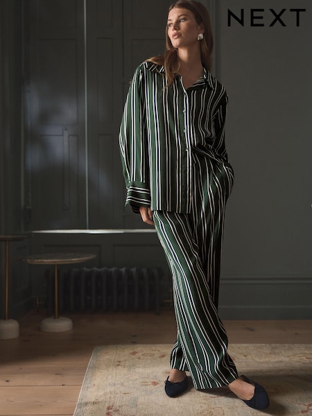Green Stripe Viscose Blend Wide Leg Trousers (B00785) | €11