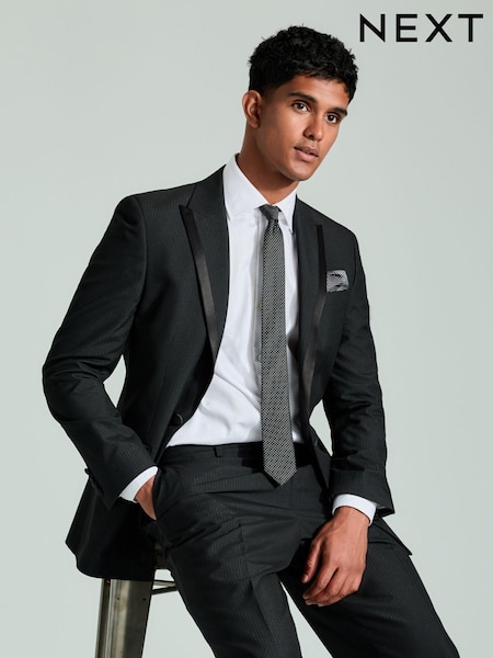 Black Slim Fit Glitter Stripe Tuxedo Suit Jacket (B00933) | AED183
