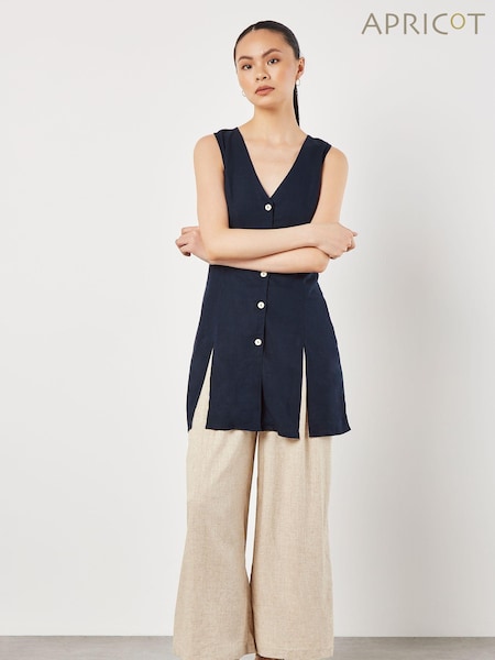 Apricot Blue Tie Back Longline Linen Waistcoat (B01011) | €21.50