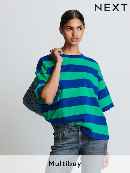 Blue/Green Stripe Oversized Relaxed Fit 100% Cotton Boxy Heavyweight Crew Neck T-Shirt (B01108) | €13