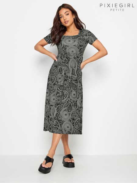 PixieGirl Petite Black Paisley Print Midi Smock Dress (B01158) | 1,923 UAH