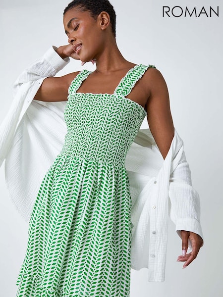 Roman Green Zig Zag Print Shirred 100% Cotton Dress (B01162) | 2,523 UAH