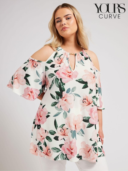 Белый - Yours Curve YOURS LONDON Floral Print Chain Cold Shoulder Top (B01172) | €52